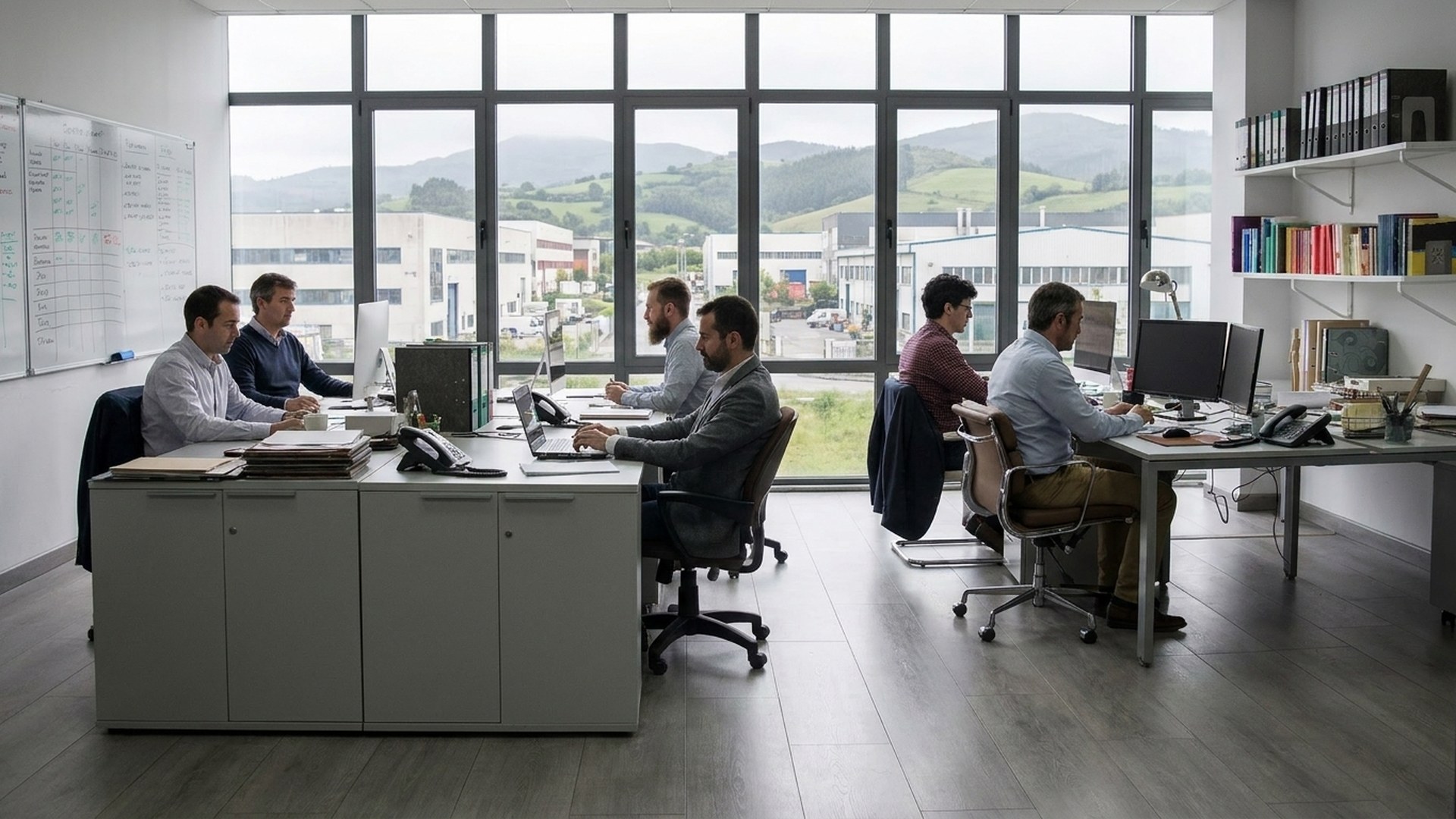 Oficina de un equipo comercial externo en un polígono industrial de Gipuzkoa, con varias fábricas a la vista.